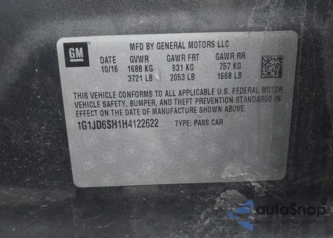 2017 Chevrolet Sonic Lt Auto z USA, uszkodzony, nr VIN 1G1JD6SH1H4122622